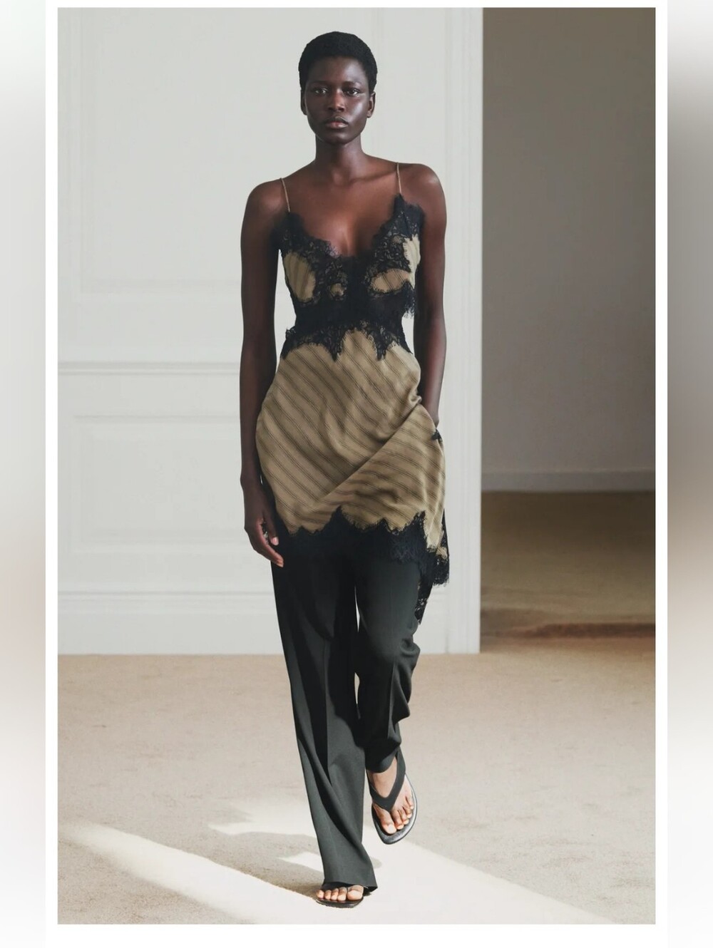 Zara Olive Slip Tunic with Black Lace & Black Wide-Leg Pants